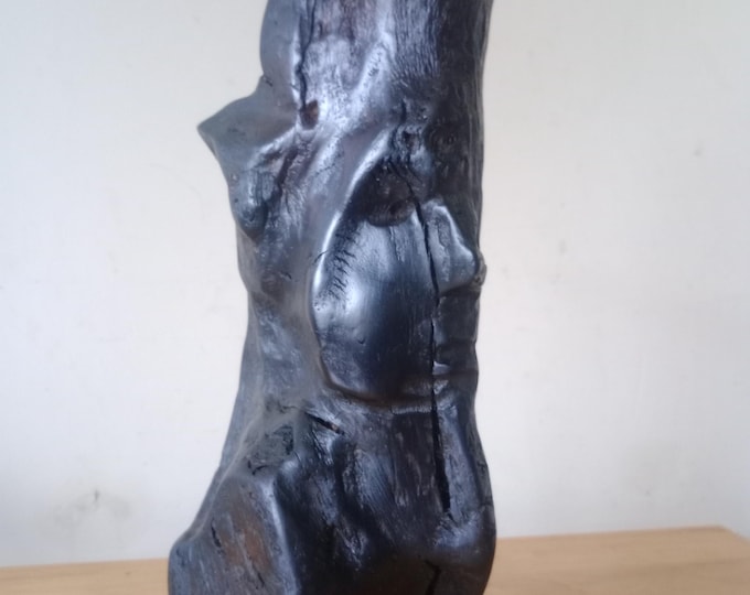 Ancient Bog Oak Sculpture — Hand-Carved Wooden Face from 5,000-Year-Old Wood