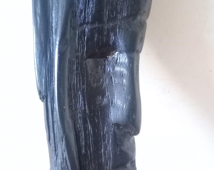 Hand-Carved Bog Oak Sculpture: 14" Ancient Wood Face Art