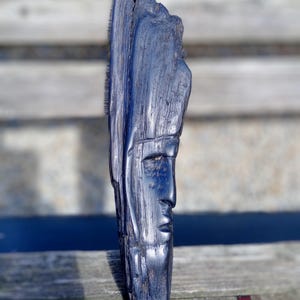 Hand-Carved Bog Oak Sculpture: 14&quot; Ancient Wood Face Art