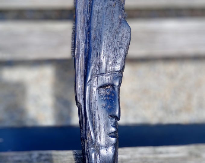 Hand-Carved Bog Oak Sculpture – 14" Tall Wooden Face Carving – Ancient Wood Art – Rustic Decor – Unique Natural Wood Art