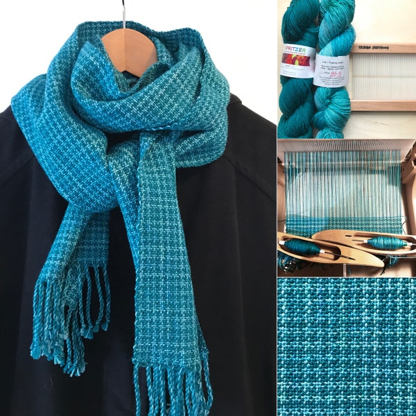 Teal Merino Scarf weaving project DIY craft pattern 12 dent Rigid Heddle Loom or 2 shaft instant download Color and weave effect