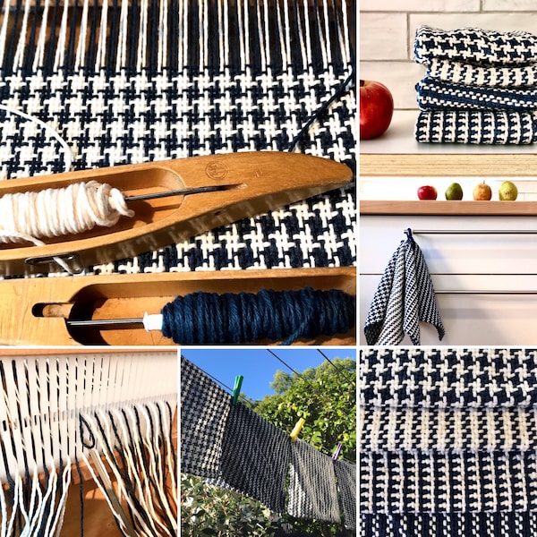 DIY Weave Cotton Dishcloths 8 or 7.5 dent Rigid Heddle Loom Weaving Project digital Pattern tutorial Navy white Houndstooth color effect