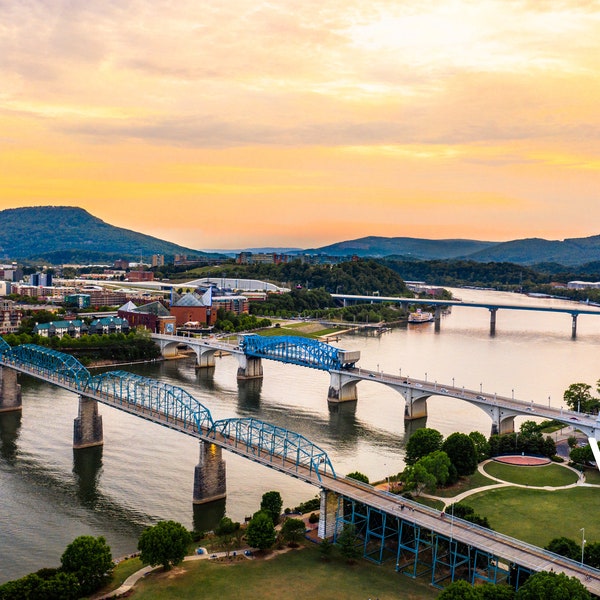 Sunset aerial view of Downtown Chattanooga Tennessee