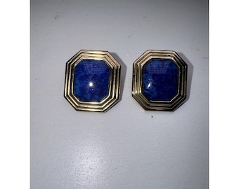 Vintage Christian Dior Signed Blue Lapis Glass Gold Plated Clip On  Earrings