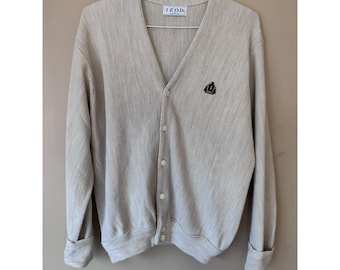 Vintage 80s IZOD Cardigan Sweater Men's Medium Waffle Oatmeal USA Made Grandpa