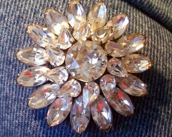 Clear Rhinestone Brooch - Large Vintage Pin - 2" Two Inches - Clear White Rhinestones - Prong Set