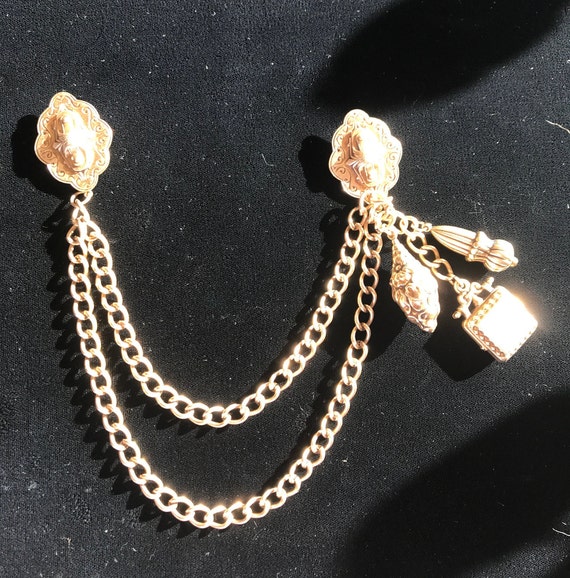 Vintage Silver Heart Star Bar Charm Chatelaine Brooch Pin