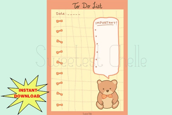 cute printable a5 page printable to do list cute teddy etsy cute printable to do lists