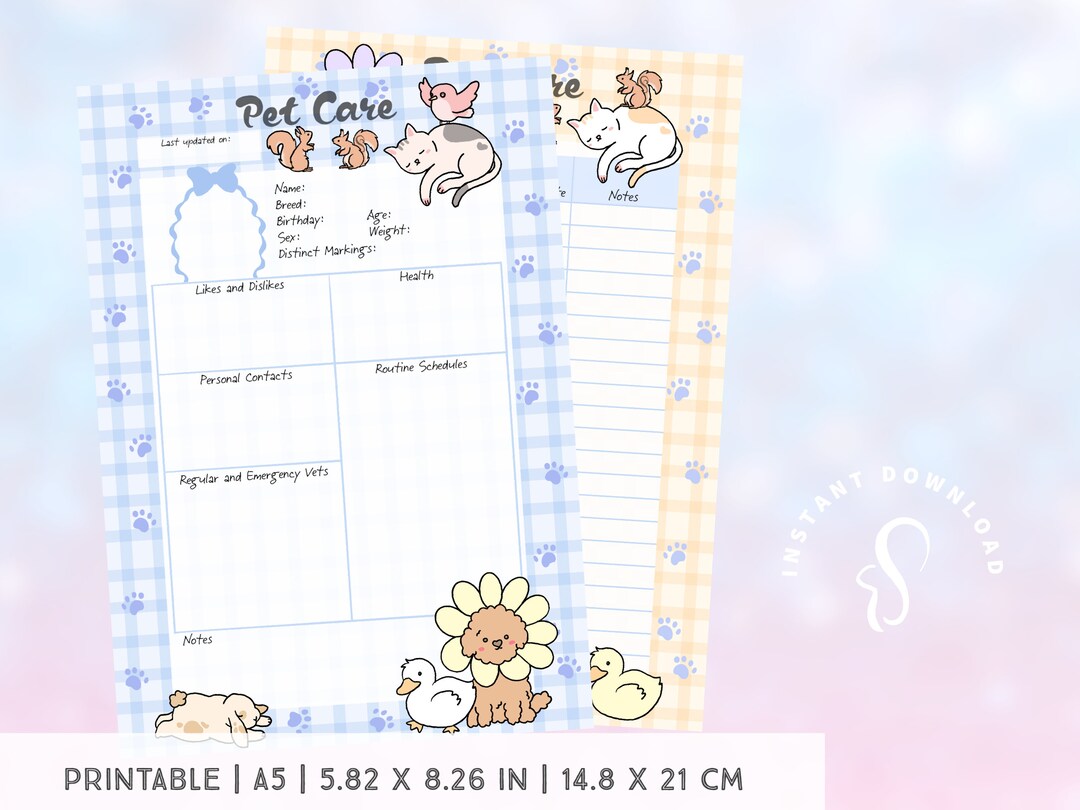 Fun Hand-drawn Pet Care Planner | Cute A5 Printable | Pet Care Sitter ...