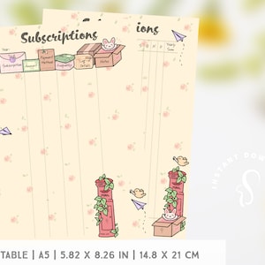 Spaß Handgezeichnete Abonnement Tracker | Niedliche A5 Printable | Mitgliedszahlungsschein, Checkliste | Monatliches, Jährliches Abonnement Expense Tracker