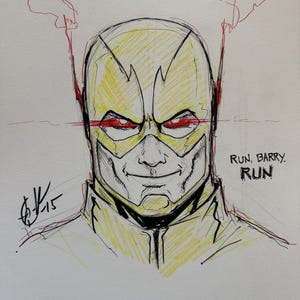 May include: A sketch of a character wearing a yellow mask with red glowing eyes and lightning bolt ear accents. The drawing features black ink outlines, yellow shading, and red highlights. The text RUN, BARRY. RUN is written on the right side.