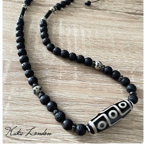 Black-White 9 Eye Dzi Bead Tibetan, Dalmatian Jasper with Lava Rock Necklace, 8mm Black Beaded Mens Necklace, Healing Gemstone Necklace