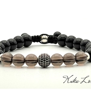 Smoky Quartz Bracelet, Men Smokey Quartz Beaded Bracelet, Black Onyx Gemstone Bracelet, 925 Sterling Silver Zircon Bead Bracelet, Men Gifts