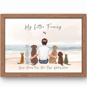 Puede incluir: Una impresión horizontal enmarcada que presenta una ilustración en acuarela de una persona sentada en una playa con cuatro perros y dos gatos. El texto "My Little Family" aparece en la parte superior, con los nombres Ginger, Stanley, Foxy, Steve, Trigger, Whitney y Marble impresos debajo de las figuras.