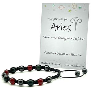 Aries Bracelet, Zodiac Crystal Bracelet, Bloodstone, Carnelian and Hematite Gemstone Bracelet, Star Sign Jewelry UK