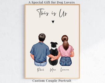 Aangepaste familieportret illustratie met hond, gepersonaliseerd hondenliefhebber cadeau voor stel, aangepaste familiekunst aan de muur, zinvolle aandenken