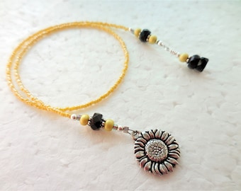 Sunflower Bookmark, Yellow Beaded Bookmark with Pewter Sunflower Charm