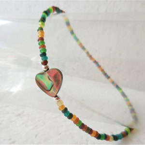 Seed Bead Anklet with Paua Shell Heart, Stretch Beach Anklet image 6