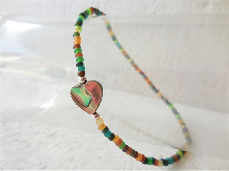 Seed Bead Anklet with Paua Shell Heart, Stretch Beach Anklet image 6