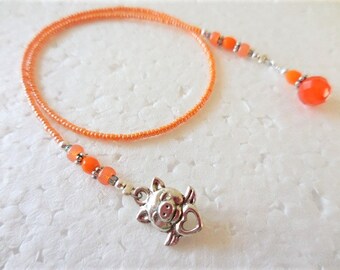 When Pigs Fly Bookmark, Orange Beaded Bookmark with Silver Pig Charm, Gift for Reader, Cute Pig Book Thong, Book Lover Gift, Teacher Gift