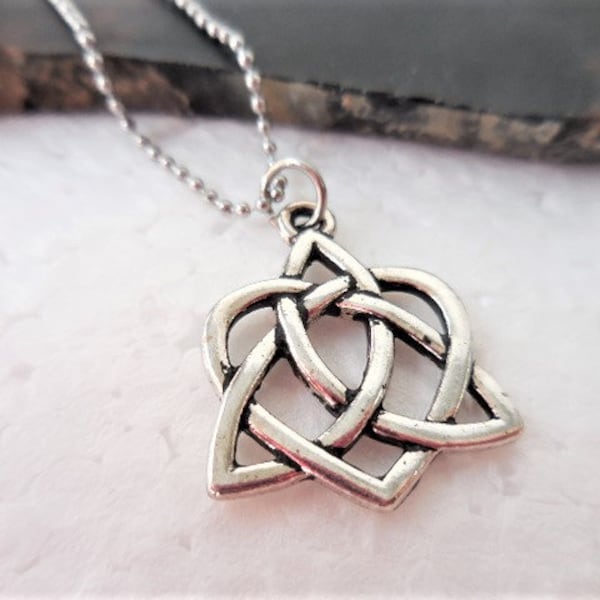 Celtic Heart Pendant, Open Heart Triquetra Celtic Knot Necklace, Irish Jewelry, Never ending Love Symbol