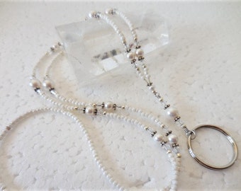 Crystal Pearl Beaded Badge Lanyard, Beaded Badge Holder, ID Lanyard, Reading Glasses Holder, Key Holder, Teacher Gift, Nurses Gift