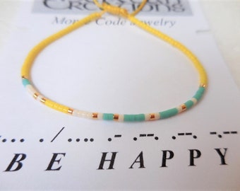 Affirmation Bracelet, Morse Code Bracelet, Be Happy, Hidden Message, Friendship Bracelet, Minimalist Jewelry, Sliding Knot Adjustable