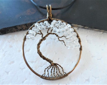 Quartz Crystal Tree of Life Pendant, April Birthstone Jewelry, Quartz Crystal Jewelry, Wire Wrap Jewelry, April Birthday Gift, Tree of Life