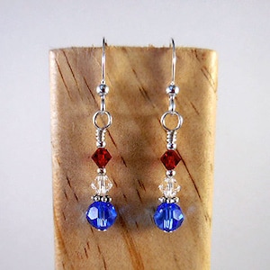 Patriotic earrings, red white blue crystals with sterling silver or gold filled, 4th of July, Nautical jewelry, Swarovski Crystal earring