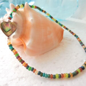 Seed Bead Anklet with Paua Shell Heart, Stretch Beach Anklet image 7