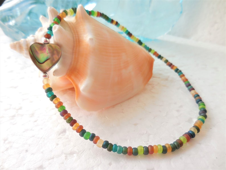 Seed Bead Anklet with Paua Shell Heart, Stretch Beach Anklet image 7