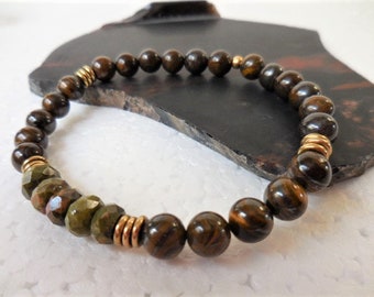 Mens Natural Stone Stretch Bracelet, Bronzite and Brass Bracelet, Mens Bracelet, Fathers Day Gift, Stacking Bracelet, Gift for Dad, Man Gift