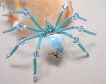 Christmas Spider Ornament, Aqua and White Beaded Spider Christmas Ornament with Hanger