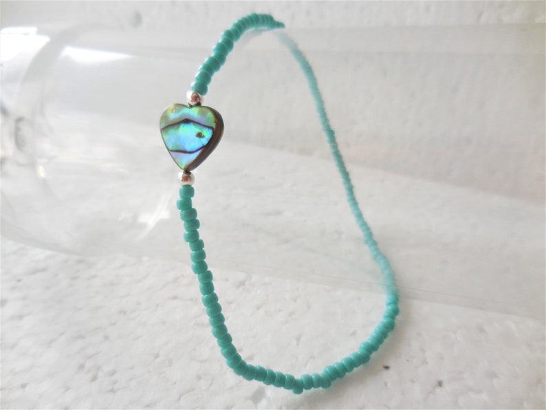Seed Bead Anklet with Paua Shell Heart, Stretch Beach Anklet image 1