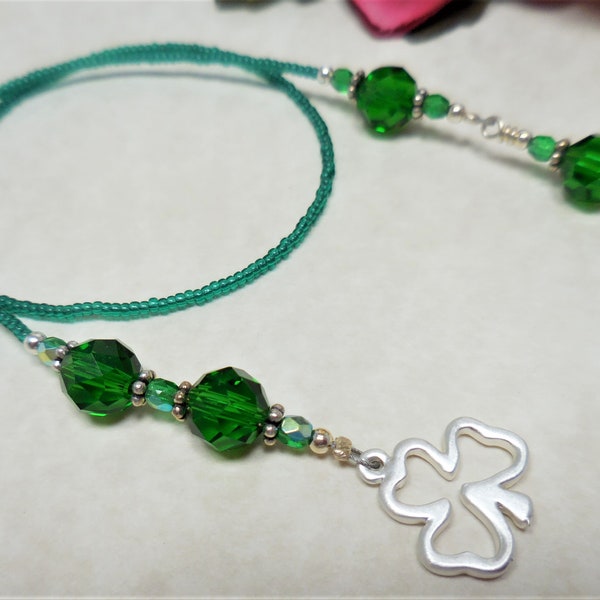 Beaded Bookmark with Green Beads and Shamrock charm, Luck of the Irish Bookmark
