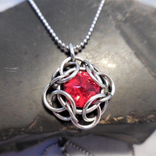 Stainless Steel and Crystal Chainmaille Pendant Necklace, Chain Mail Necklace, Stainless Steel Ball Chain with Red Crystal Pendant