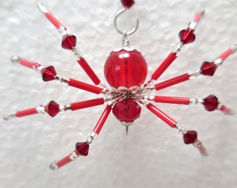 Beaded Spider, Ruby Red Christmas Spider with Beaded Ornament Hanger