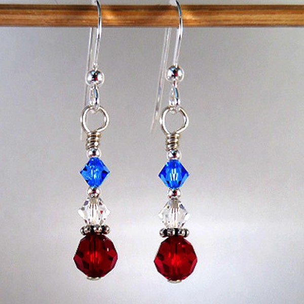 Patriotic earrings, red white blue crystals with sterling silver. 4th of July, Nautical jewelry, Quality crystal earrings, Crystal earring