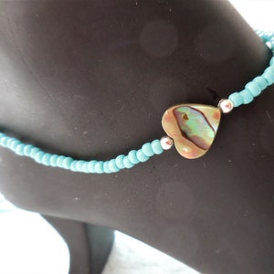 Seed Bead Anklet with Paua Shell Heart, Stretch Beach Anklet image 3