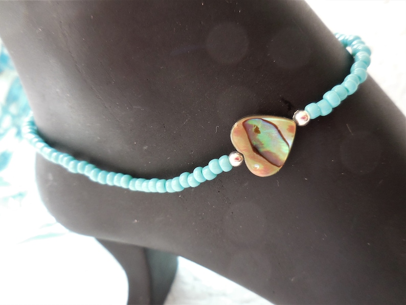 Seed Bead Anklet with Paua Shell Heart, Stretch Beach Anklet image 3