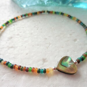 Seed Bead Anklet with Paua Shell Heart, Stretch Beach Anklet image 5