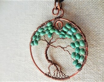 Turquoise Tree of Life pendant, Chinese Turquoise and Antique Copper Tree of Life on Satin Cord,  Wire Wrap Jewelry, Turquoise Jewelry