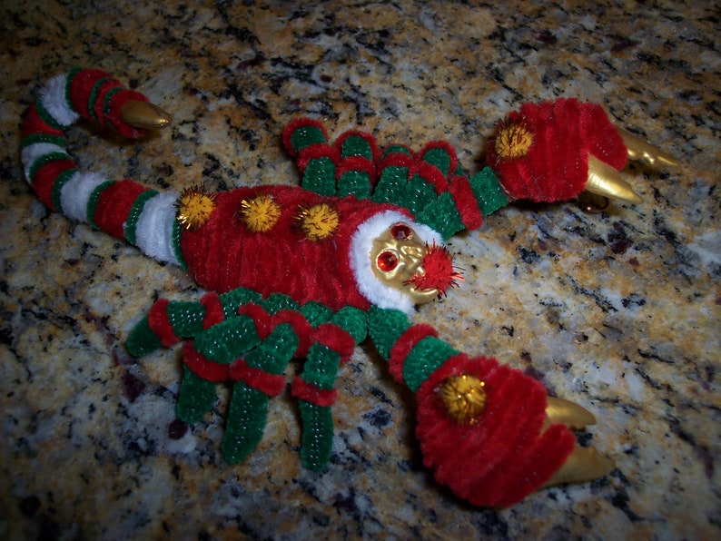 Fuzzy Red Green White Christmas Scorpion Bizaar Seasonal Ornament with Blingy Eyes Yule Decoration Cute Creepy free shipping in the usa