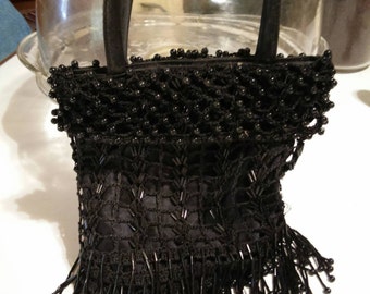 REDUCED Retro Black Beaded Macrame Handled Evening Bag.