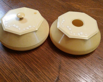 Vintage Celluloid Dresser Set circa 1930s Hair Receiver & Powder Box