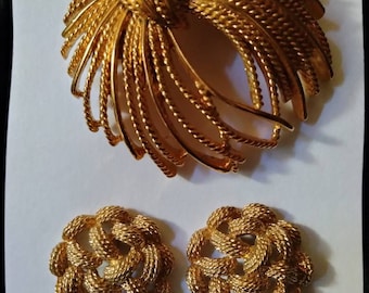 Vintage Monet Set Large Brooch and Braided Stud Earrings
