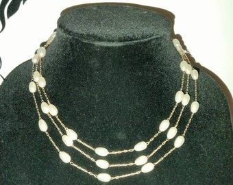 RMN triple chain oblong Faux Pearl on Gold Chain Choker