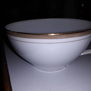 May include: A white porcelain teacup with a gold and brown trim around the rim.