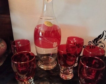 Vintage Cristallerie Artistiche DFP Red Cranberry Decanter & 6 Glasses