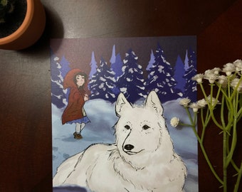 Red Riding Hood European fairy tale White Wolf 5x7 Cardstock Print